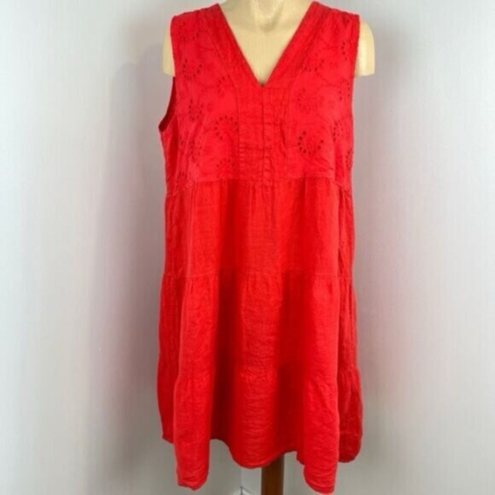 Rosemarine Womens XL Red 100% Linen Lace Detail Knee Length Dress Sleeveless